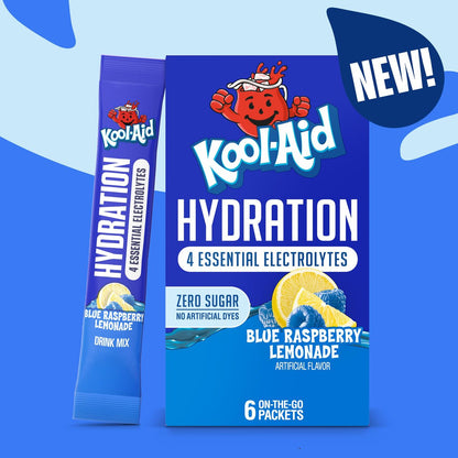 Kool-Aid Hydration Electrolyte Pulvergetränk, 6 Portionsbeutel für unterwegs, erfrischende Hydration, Blaubeer-Zitronen-Geschmack, Null Zucker, ohne künstliche Farbstoffe, 1,32 oz Box