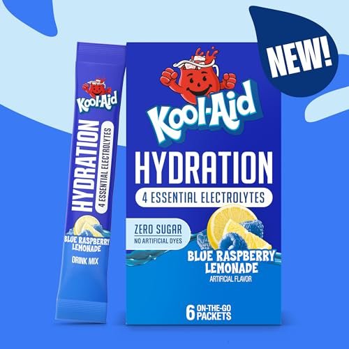 Kool-Aid Hydration Electrolyte Pulvergetränk, 6 Portionsbeutel für unterwegs, erfrischende Hydration, Blaubeer-Zitronen-Geschmack, Null Zucker, ohne künstliche Farbstoffe, 1,32 oz Box