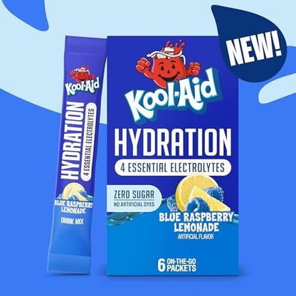 Kool-Aid Hydration Electrolyte Pulvergetränk, 6 Portionsbeutel für unterwegs, erfrischende Hydration, Blaubeer-Zitronen-Geschmack, Null Zucker, ohne künstliche Farbstoffe, 1,32 oz Box