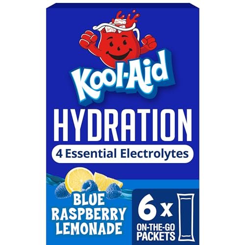 Kool-Aid Hydration Electrolyte Pulvergetränk, 6 Portionsbeutel für unterwegs, erfrischende Hydration, Blaubeer-Zitronen-Geschmack, Null Zucker, ohne künstliche Farbstoffe, 1,32 oz Box