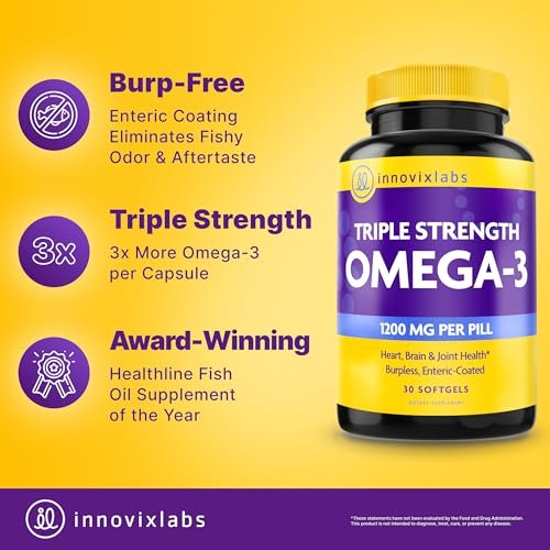 InnovixLabs Triple Strength Omega 3 Supplement – Burpless Fischöl für Frauen und Männer – 900 mg EPA & DHA – Unterstützung für Gehirn & Gelenke – Ausgezeichnet & drittanbietergetestet – 30 Softgels