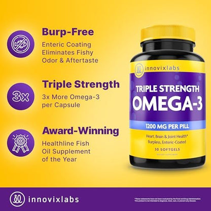 InnovixLabs Triple Strength Omega 3 Supplement – Burpless Fischöl für Frauen und Männer – 900 mg EPA & DHA – Unterstützung für Gehirn & Gelenke – Ausgezeichnet & drittanbietergetestet – 30 Softgels