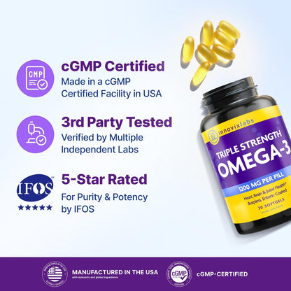 InnovixLabs Triple Strength Omega 3 Supplement – Burpless Fischöl für Frauen und Männer – 900 mg EPA & DHA – Unterstützung für Gehirn & Gelenke – Ausgezeichnet & drittanbietergetestet – 30 Softgels