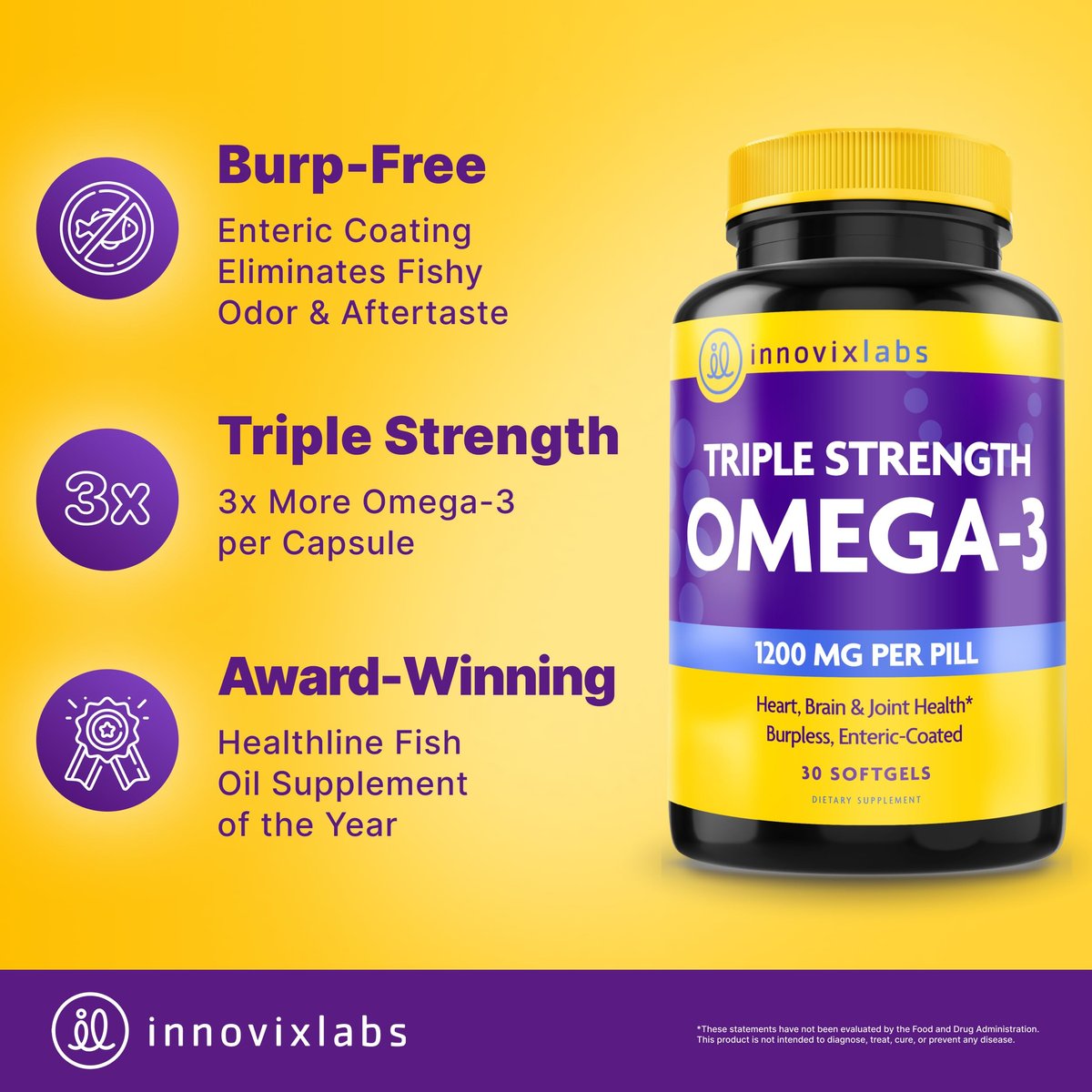 InnovixLabs Triple Strength Omega 3 Supplement – Burpless Fischöl für Frauen und Männer – 900 mg EPA & DHA – Unterstützung für Gehirn & Gelenke – Ausgezeichnet & drittanbietergetestet – 30 Softgels