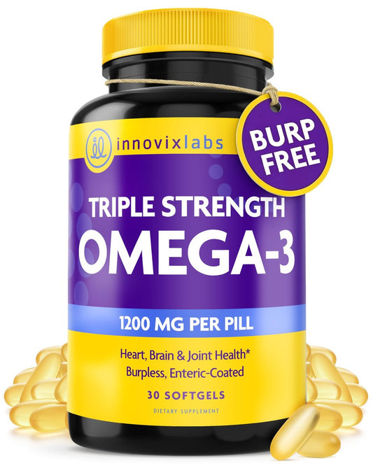 InnovixLabs Triple Strength Omega 3 Supplement – Burpless Fischöl für Frauen und Männer – 900 mg EPA & DHA – Unterstützung für Gehirn & Gelenke – Ausgezeichnet & drittanbietergetestet – 30 Softgels