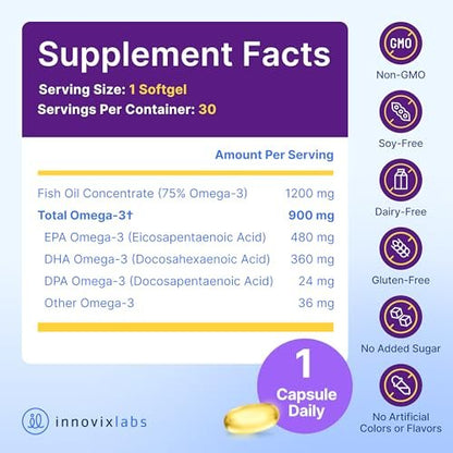 InnovixLabs Triple Strength Omega 3 Supplement – Burpless Fischöl für Frauen und Männer – 900 mg EPA & DHA – Unterstützung für Gehirn & Gelenke – Ausgezeichnet & drittanbietergetestet – 30 Softgels