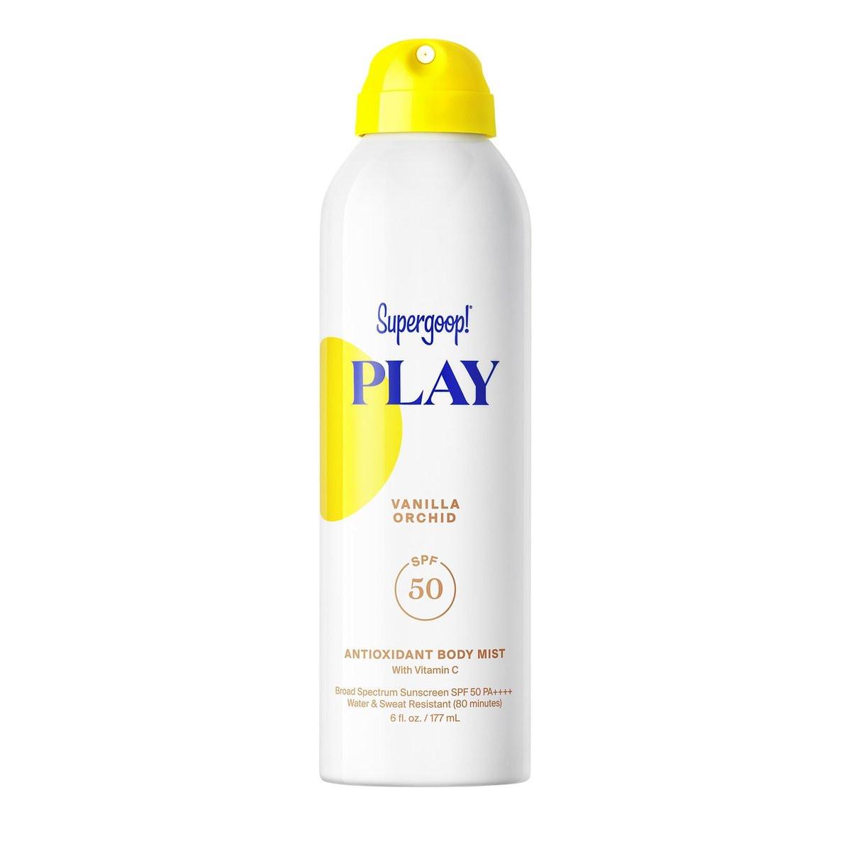 Supergoop! PLAY Antioxidant Body Mist mit Vitamin C – 6 fl oz – SPF 50 PA++++ Breitband-Sonnenschutz – Körperspray – Ideal für aktive Tage – Vanille-Orchidee