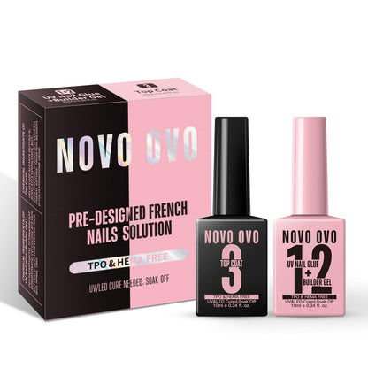 NOVO OVO UV Nagelkleber und Aufbaugel 2-in-1, No-Wipe Top Coat Set für French-Tip-Nägel, HEMA- & TPO-frei, superstarker Halt für Press-on-Acrylnägel, langanhaltend, einfach anzuwenden