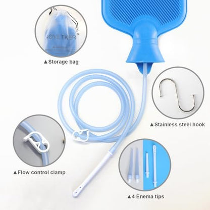 AOVETKER Einlaufbeutel-Set für Frauen und Männer, 2L Darmreinigung mit 4 Aufsätzen und Durchflussregler, 1,5 m Schlauch, Haken, Aufbewahrungstasche