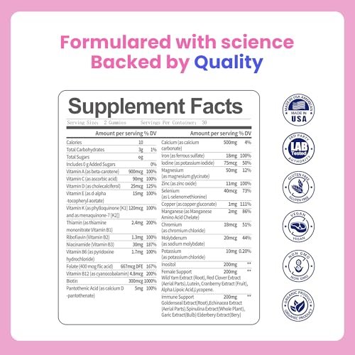 VCCVBB All-in-One Multivitamin Gummies für Frauen – Kompletter Vitamin- und Mineralstoffkomplex mit Kräutermischungen für Energie, allgemeine Gesundheit, Haare, Haut und Nägel, Erdbeergeschmack, 2er-Pack