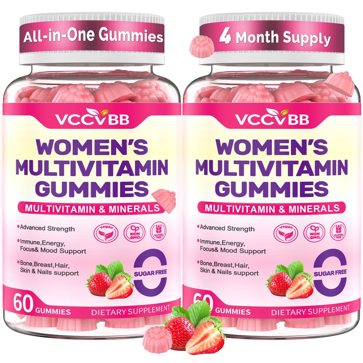 VCCVBB All-in-One Multivitamin Gummies für Frauen – Kompletter Vitamin- und Mineralstoffkomplex mit Kräutermischungen für Energie, allgemeine Gesundheit, Haare, Haut und Nägel, Erdbeergeschmack, 2er-Pack