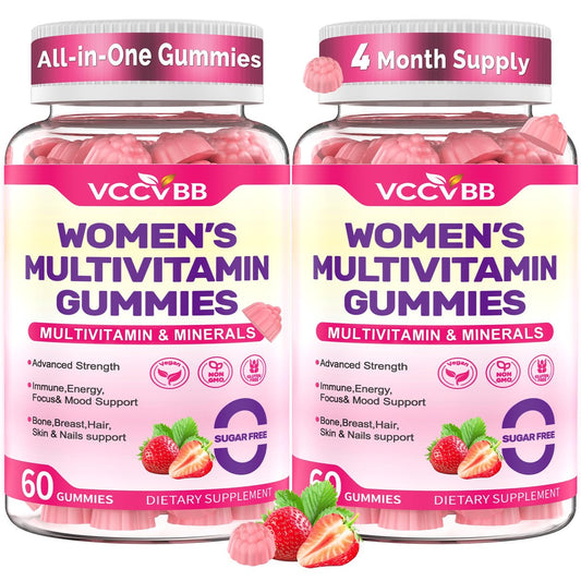 VCCVBB All-in-One Multivitamin Gummies für Frauen – Kompletter Vitamin- und Mineralstoffkomplex mit Kräutermischungen für Energie, allgemeine Gesundheit, Haare, Haut und Nägel, Erdbeergeschmack, 2er-Pack