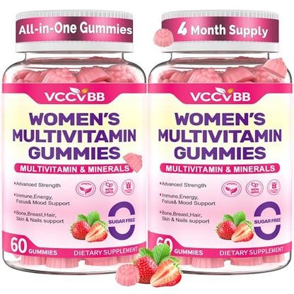VCCVBB All-in-One Multivitamin Gummies für Frauen – Kompletter Vitamin- und Mineralstoffkomplex mit Kräutermischungen für Energie, allgemeine Gesundheit, Haare, Haut und Nägel, Erdbeergeschmack, 2er-Pack