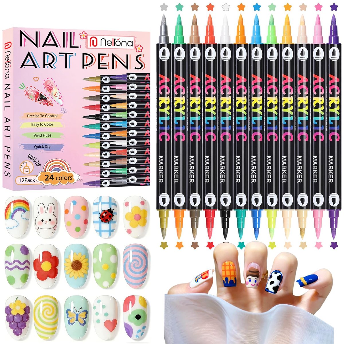 24 Farben Nagelkunststifte Doppelspitze 3D Nagellackstifte Set 0,7mm Schnell trocknende Acrylmalstifte Dotting Liner Zeichenstift Maniküre-Werkzeugset für Nageldesign, DIY Heim- und Salon-Maniküre-Werkzeuge