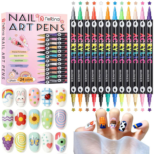 24 Farben Nagelkunststifte Doppelspitze 3D Nagellackstifte Set 0,7mm Schnell trocknende Acrylmalstifte Dotting Liner Zeichenstift Maniküre-Werkzeugset für Nageldesign, DIY Heim- und Salon-Maniküre-Werkzeuge