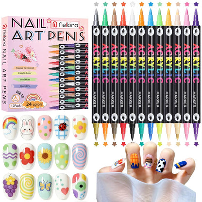 24 Farben Nagelkunststifte Doppelspitze 3D Nagellackstifte Set 0,7mm Schnell trocknende Acrylmalstifte Dotting Liner Zeichenstift Maniküre-Werkzeugset für Nageldesign, DIY Heim- und Salon-Maniküre-Werkzeuge