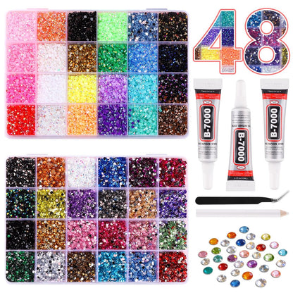 Kalolary 48000 Teile 48 Farben Jelly Strasssteine für Strass und Diamantkunst, 3mm Harz-Flachrückseite Strass-Set mit 3x B7000 Kleber, Pinzette und Aufnahmestift für DIY-Basteln, Schuhe, Nagelkunst