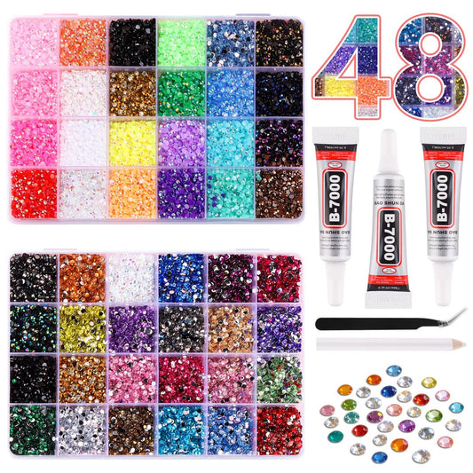 Kalolary 48000 Teile 48 Farben Jelly Strasssteine für Strass und Diamantkunst, 3mm Harz-Flachrückseite Strass-Set mit 3x B7000 Kleber, Pinzette und Aufnahmestift für DIY-Basteln, Schuhe, Nagelkunst
