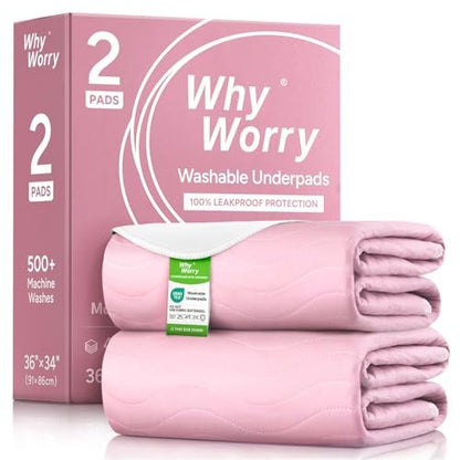 WhyWorry Waschbare Bettunterlagen für Inkontinenz, 34" x 36" (2er-Pack) – wiederverwendbare Saugkissen für Erwachsene & Kinder, wasserdichte Matratzenauflage, Pink