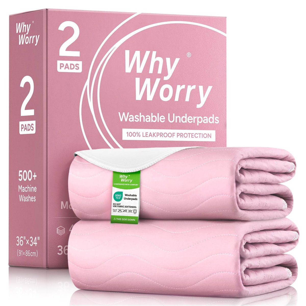 WhyWorry Waschbare Bettunterlagen für Inkontinenz, 34" x 36" (2er-Pack) – wiederverwendbare Saugkissen für Erwachsene & Kinder, wasserdichte Matratzenauflage, Pink