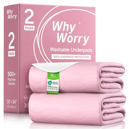 WhyWorry Waschbare Bettunterlagen für Inkontinenz, 34" x 36" (2er-Pack) – wiederverwendbare Saugkissen für Erwachsene & Kinder, wasserdichte Matratzenauflage, Pink