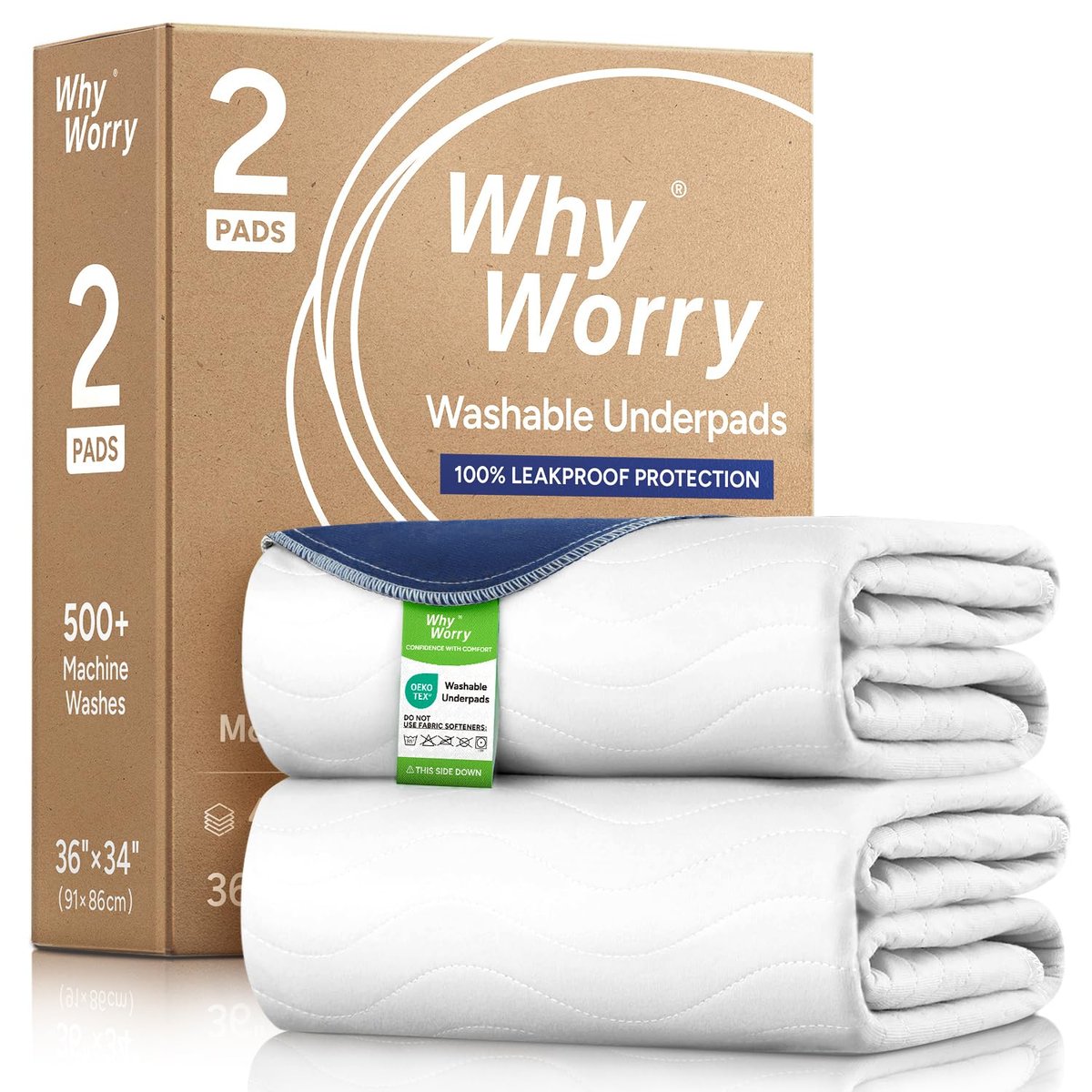 WhyWorry Waschbare Bettunterlagen für Inkontinenz, 34" x 36" (2er-Pack) – waschbare Einlagen für Bettnässen, saugstarke wiederverwendbare Unterlagen für Senioren & Kinder, wasserdichter Matratzenschutz, Weiß