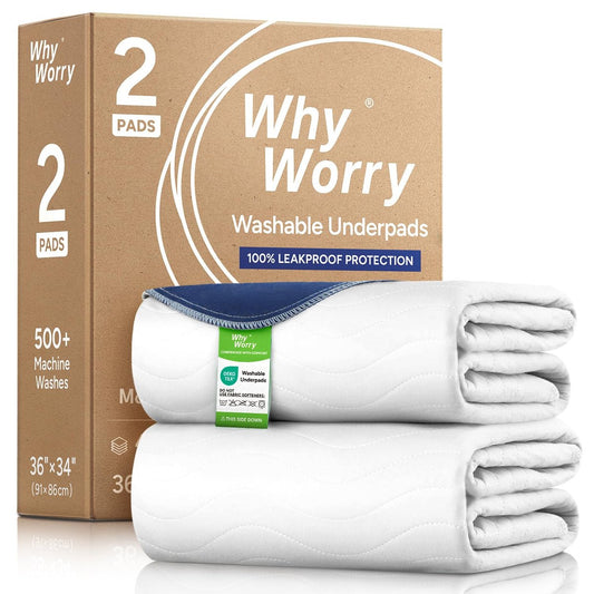 WhyWorry Waschbare Bettunterlagen für Inkontinenz, 34" x 36" (2er-Pack) – waschbare Einlagen für Bettnässen, saugstarke wiederverwendbare Unterlagen für Senioren & Kinder, wasserdichter Matratzenschutz, Weiß