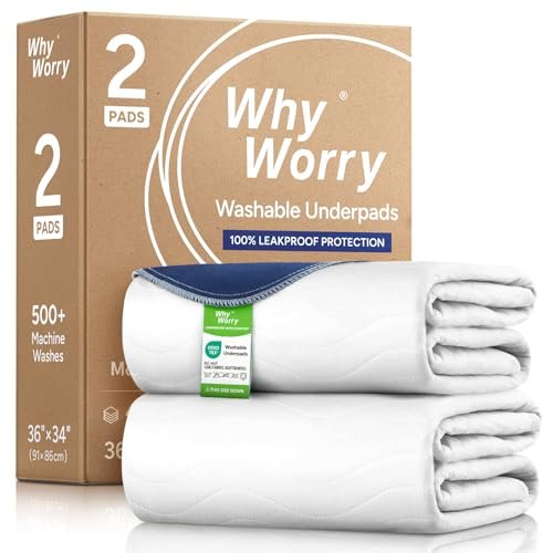 WhyWorry Waschbare Bettunterlagen für Inkontinenz, 34" x 36" (2er-Pack) – waschbare Einlagen für Bettnässen, saugstarke wiederverwendbare Unterlagen für Senioren & Kinder, wasserdichter Matratzenschutz, Weiß