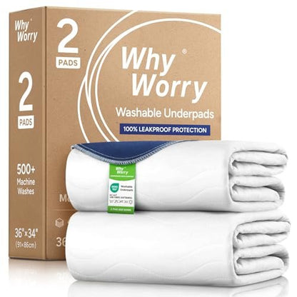 WhyWorry Waschbare Bettunterlagen für Inkontinenz, 34" x 36" (2er-Pack) – waschbare Einlagen für Bettnässen, saugstarke wiederverwendbare Unterlagen für Senioren & Kinder, wasserdichter Matratzenschutz, Weiß