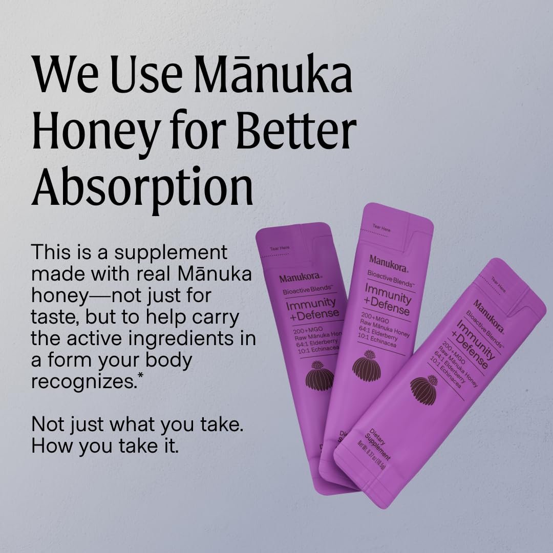 Manukora Immunity Blend – Immununterstützung für Erwachsene und Kinder mit Holunderbeere, Echinacea, Manuka-Honig, verbesserte Aufnahme, tägliche Immun- und Rachenunterstützung, 10 Packungen für unterwegs