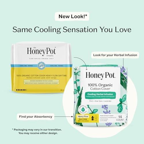 The Honey Pot Company - Kräuter-Binden für Frauen - Starker Fluss mit Flügeln - Mit ätherischen Ölen für Kühleffekt & Bio-Baumwollbezug - Damenhygiene - 14 Stück