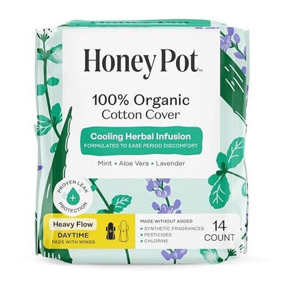 The Honey Pot Company - Kräuter-Binden für Frauen - Starker Fluss mit Flügeln - Mit ätherischen Ölen für Kühleffekt & Bio-Baumwollbezug - Damenhygiene - 14 Stück