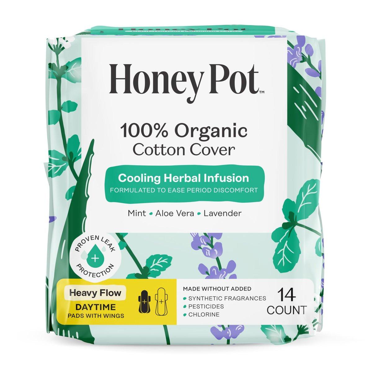 The Honey Pot Company - Kräuter-Binden für Frauen - Starker Fluss mit Flügeln - Mit ätherischen Ölen für Kühleffekt & Bio-Baumwollbezug - Damenhygiene - 14 Stück
