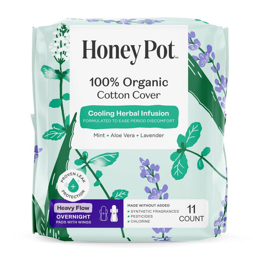 The Honey Pot Company - Kräuter-Binden für Frauen - Schwerer Fluss über Nacht mit Flügeln - Mit ätherischen Ölen für kühlenden Effekt & Bio-Baumwollbezug - Damenhygiene - 11 Stück