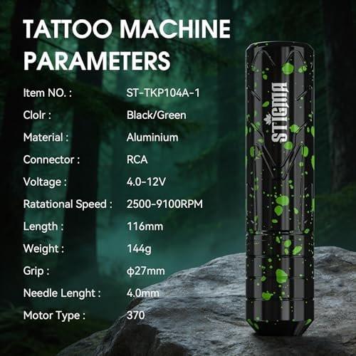 STIGMA Kabelloses Tattoo-Komplettset für Anfänger und Profis – Tattoo Rotary Pen Set mit 2 Akkus, 20 Patronennadeln, 11 Tattoofarben, Grün
