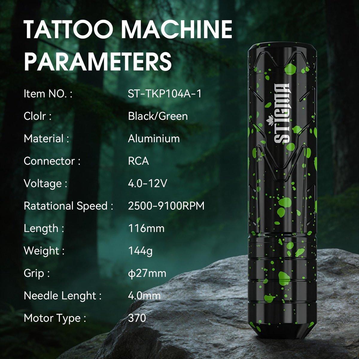 STIGMA Kabelloses Tattoo-Komplettset für Anfänger und Profis – Tattoo Rotary Pen Set mit 2 Akkus, 20 Patronennadeln, 11 Tattoofarben, Grün
