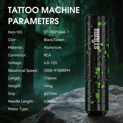 STIGMA Kabelloses Tattoo-Komplettset für Anfänger und Profis – Tattoo Rotary Pen Set mit 2 Akkus, 20 Patronennadeln, 11 Tattoofarben, Grün