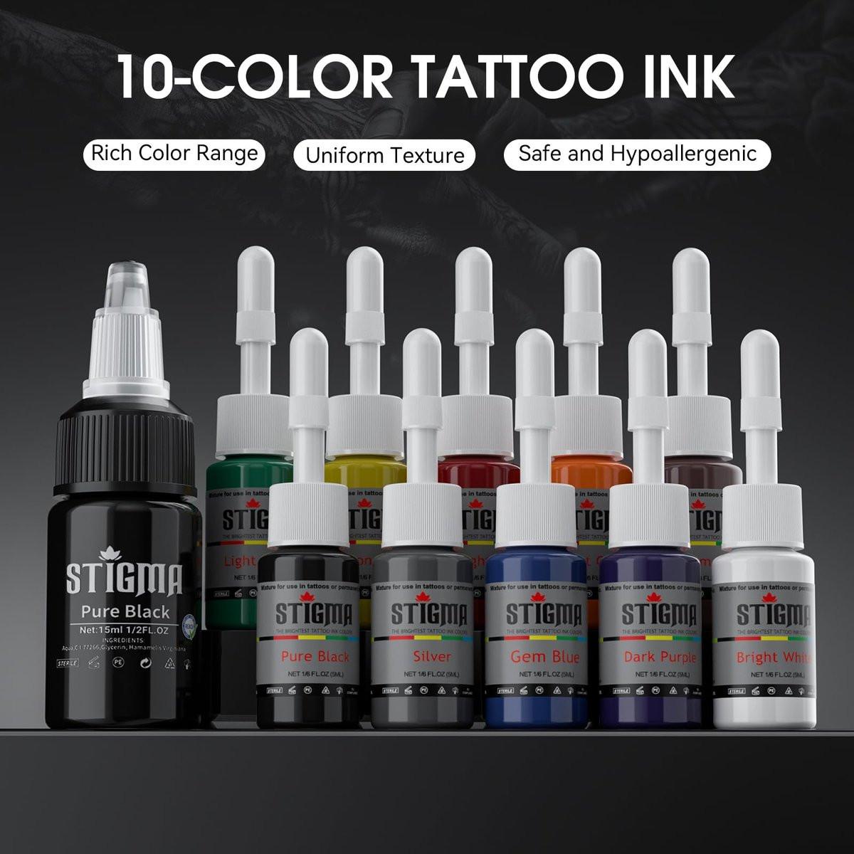 STIGMA Kabelloses Tattoo-Komplettset für Anfänger und Profis – Tattoo Rotary Pen Set mit 2 Akkus, 20 Patronennadeln, 11 Tattoofarben, Grün