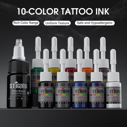 STIGMA Kabelloses Tattoo-Komplettset für Anfänger und Profis – Tattoo Rotary Pen Set mit 2 Akkus, 20 Patronennadeln, 11 Tattoofarben, Grün