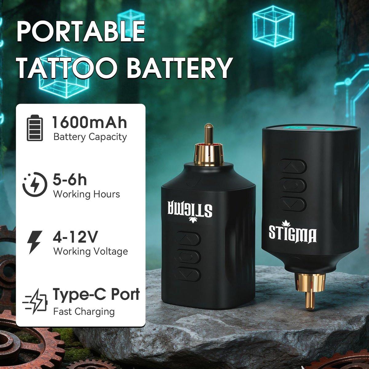 STIGMA Kabelloses Tattoo-Komplettset für Anfänger und Profis – Tattoo Rotary Pen Set mit 2 Akkus, 20 Patronennadeln, 11 Tattoofarben, Grün