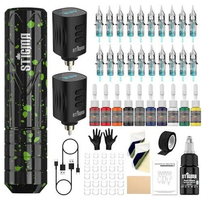 STIGMA Kabelloses Tattoo-Komplettset für Anfänger und Profis – Tattoo Rotary Pen Set mit 2 Akkus, 20 Patronennadeln, 11 Tattoofarben, Grün