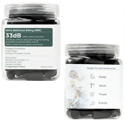 Happy Hippo Schaumstoff-Ohrstöpsel, 33 dB NRR, 50 Paar (100 Stück) – Maximaler Schutz für Schlafen, Schnarchen, Flughäfen, Elektrowerkzeuge, laute Arbeitsplätze, Nachtclubs (Schwarz)