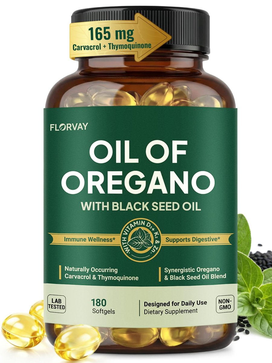 Florvay Oreganoöl mit Schwarzkümmelöl Weichkapseln, 5-in-1 Immununterstützung mit hochpotentem Oreganoblatt-Extrakt, 165 mg Carvacrol & Thymochinon, Non-GMO, 180 wilde Oreganoöl Kapseln