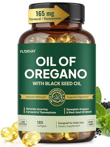 Florvay Oreganoöl mit Schwarzkümmelöl Weichkapseln, 5-in-1 Immununterstützung mit hochpotentem Oreganoblatt-Extrakt, 165 mg Carvacrol & Thymochinon, Non-GMO, 180 wilde Oreganoöl Kapseln