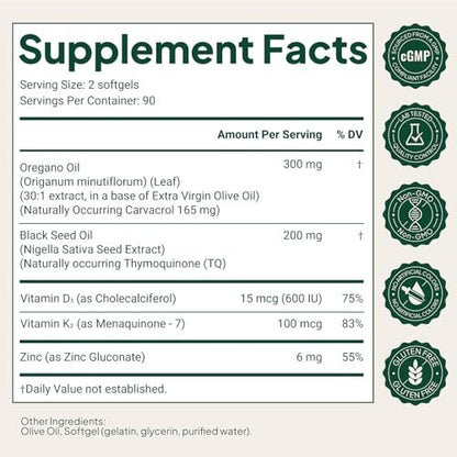 Florvay Oreganoöl mit Schwarzkümmelöl Weichkapseln, 5-in-1 Immununterstützung mit hochpotentem Oreganoblatt-Extrakt, 165 mg Carvacrol & Thymochinon, Non-GMO, 180 wilde Oreganoöl Kapseln