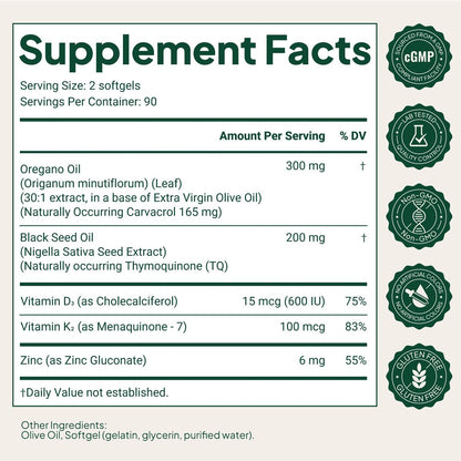 Florvay Oreganoöl mit Schwarzkümmelöl Weichkapseln, 5-in-1 Immununterstützung mit hochpotentem Oreganoblatt-Extrakt, 165 mg Carvacrol & Thymochinon, Non-GMO, 180 wilde Oreganoöl Kapseln