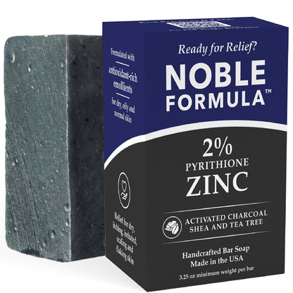 Noble Formula 2% Pyrithione Zink Aktivkohle Seife mit Sheabutter und Teebaumöl – Tiefenreinigungsbar für Gesicht, Körper und Kopfhaut bei fettiger oder schuppiger Haut, ohne Palmöl, handgefertigt in den USA, 92 g