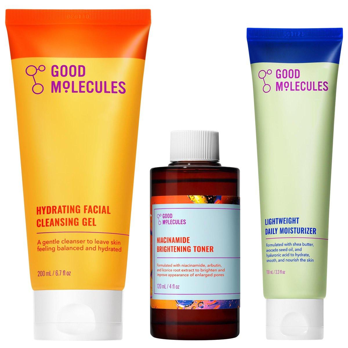 Good Molecules Reinigung, Tonisierung & Feuchtigkeitspflege Hautpflegeset – Hydratisierendes Reinigungsgel (200 ml), Niacinamid aufhellendes Toner (120 ml) & leichte tägliche Feuchtigkeitscreme (100 ml)