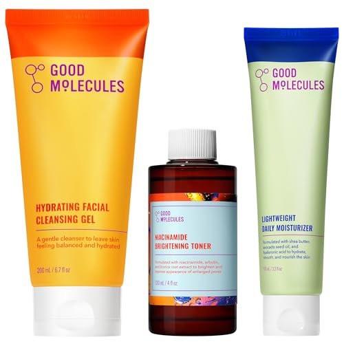Good Molecules Reinigung, Tonisierung & Feuchtigkeitspflege Hautpflegeset – Hydratisierendes Reinigungsgel (200 ml), Niacinamid aufhellendes Toner (120 ml) & leichte tägliche Feuchtigkeitscreme (100 ml)