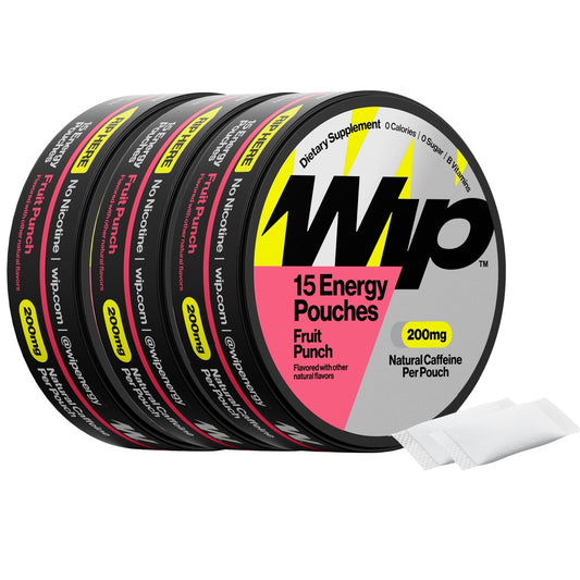 Wip Energy Pouches – Zuckerfreier Energiebeutel mit 200 mg natürlichem Koffein, B-Vitaminen, Mineralien & L-Theanin – Fruchtpunsch – 3 Dosen à 15 Beutel